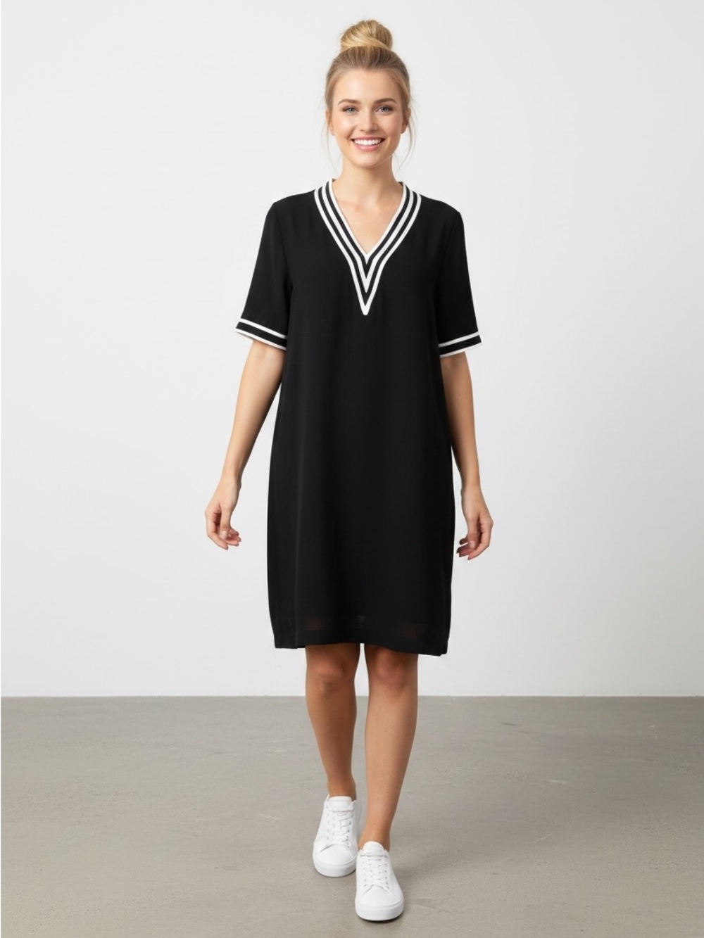 Rag & Bone Black Triacetate Shift Dress | Varsity V-Neck Stripe | SIZE S